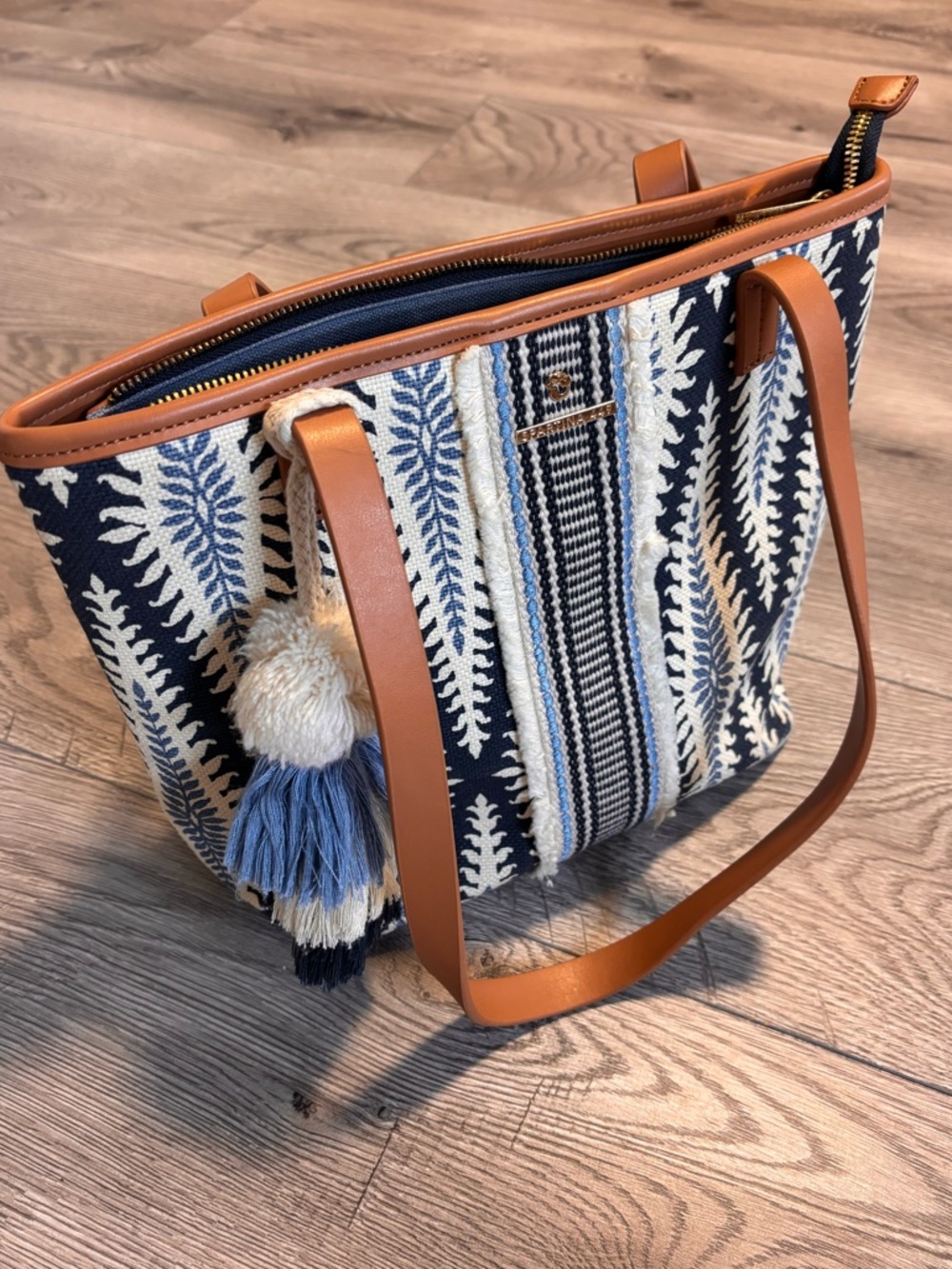 Spartina 449 Linen Leather Navy Blue & White Coastal Tote Bag Purse Tassel Charm